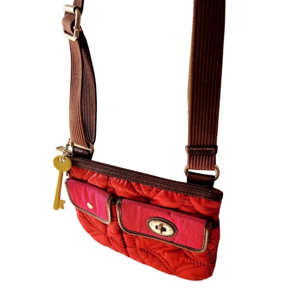 Vintage Fossil Quilted Multi Pocket KeyPer Crossbody Purse Red and Fushia - Picture 1 of 10